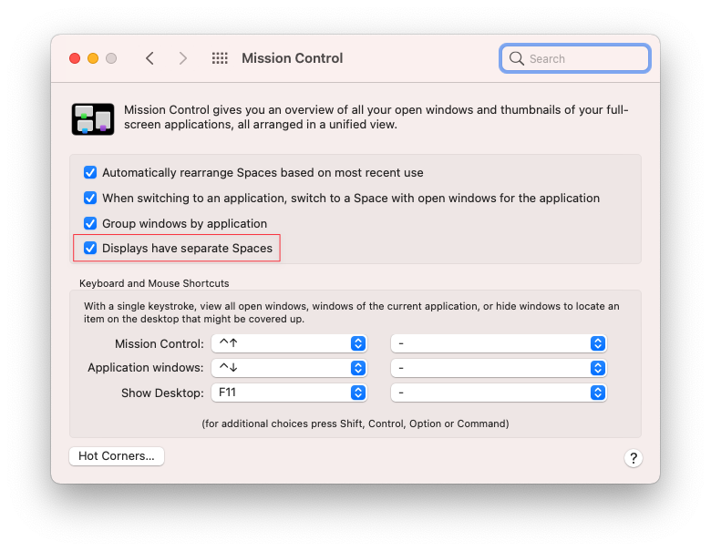 A macos setting to enable full screen mode only on one display