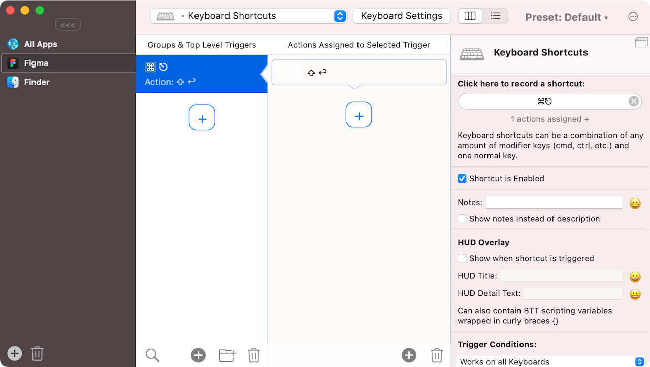 An app called BetterTouchTool assigning a shortcut to Figma